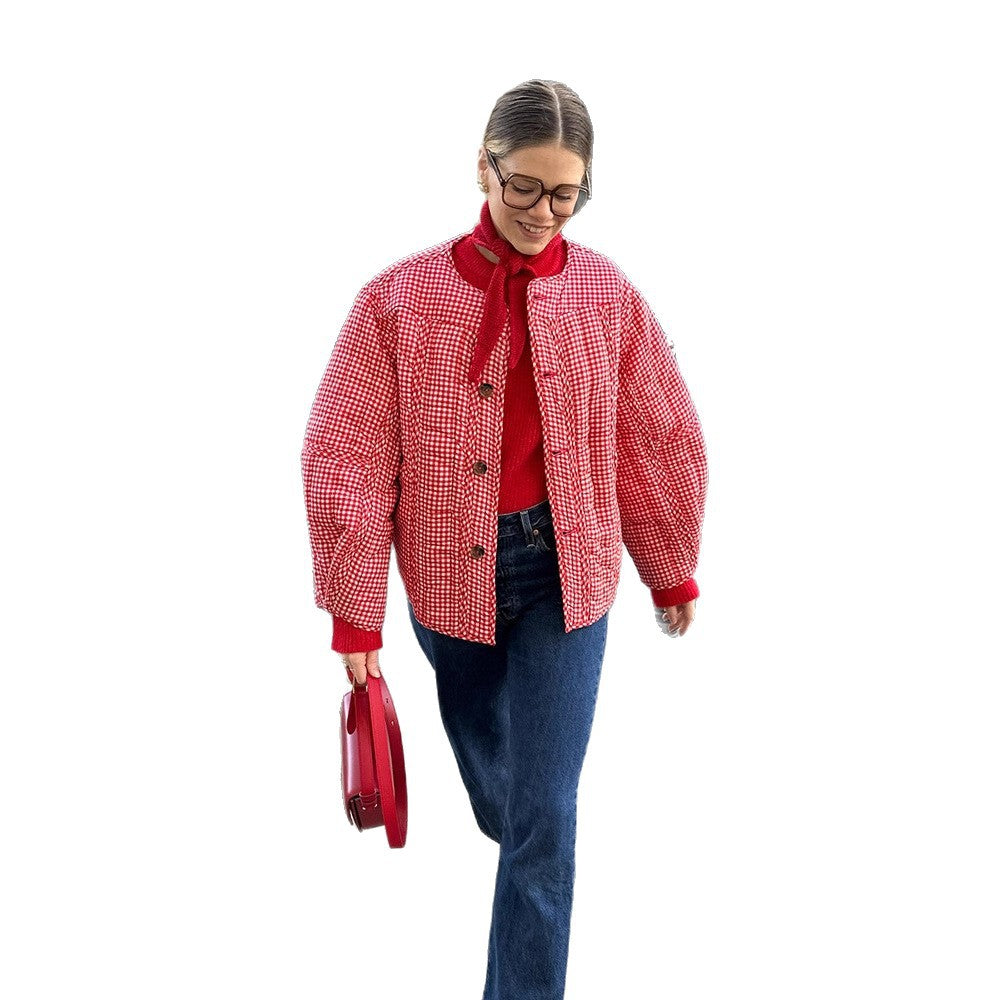 Damen Gepolsterte karierte Boxy-Steppjacke mit Knopfverschluss Drune