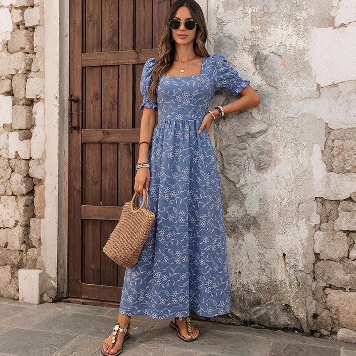 Damen Langes Leichtes Sommer-Maxikleid mit quadratischem Ausschnitt, Puffärmeln und floraler Stickoptik Drune