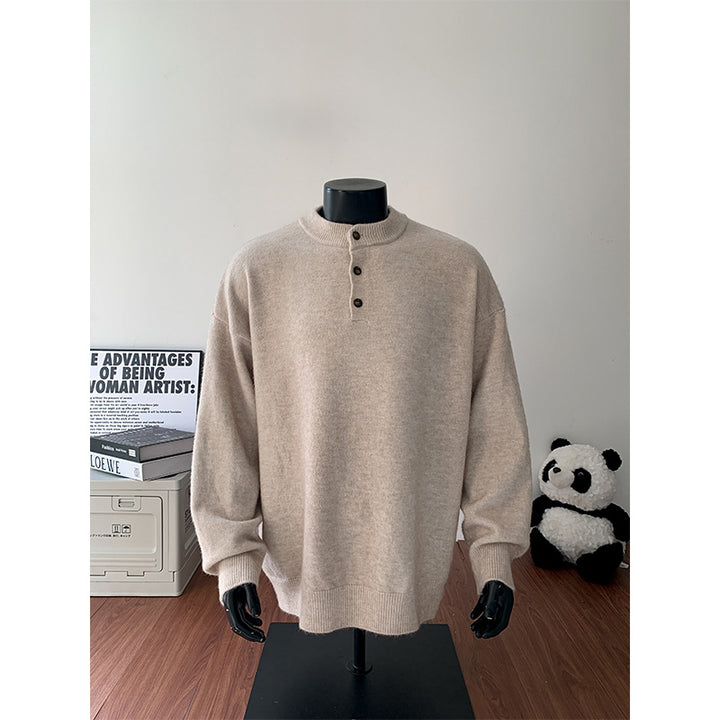 Herren Oversize-Strickpullover mit Henley-Kragen und Halbknopfleiste Drune