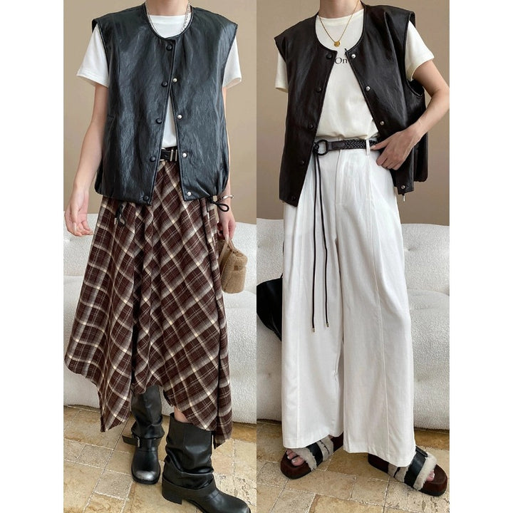 Damen lässige Weste aus veganem Leder mit Knopfdetails und praktischen Taschen Drune