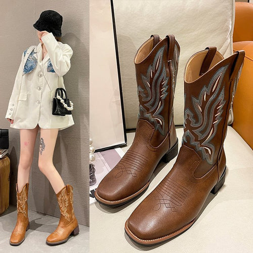 Damen Western-Cowboy-Boots mit aufwendiger Stickerei, mittlerer Schafthöhe und robuster Blockabsatz Drune