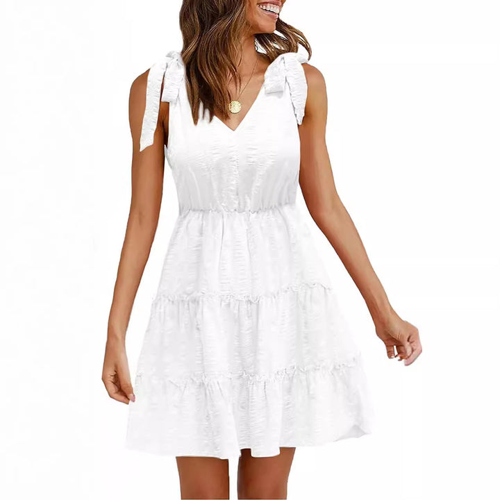 Damen ärmelloses Sommerkleid mit Rüschen und V-Ausschnitt Drune