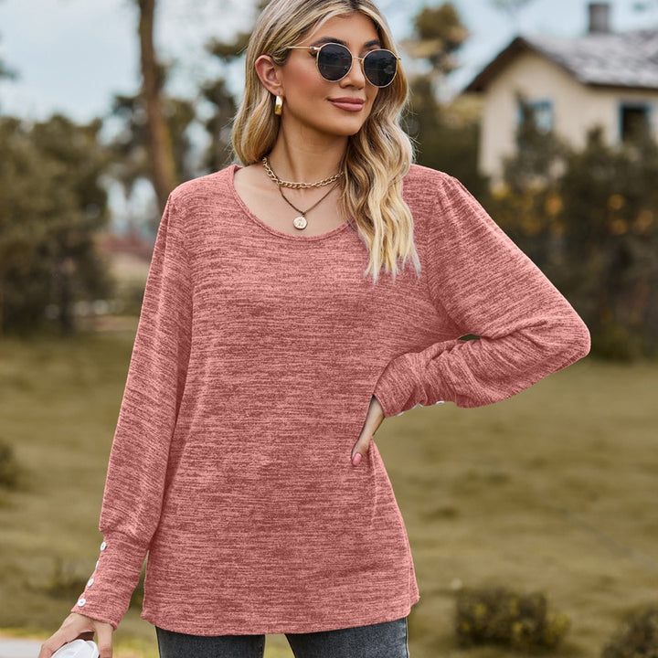 Damen Lässiges Langarmshirt mit Knopfmanschetten und weitem Rundhalsausschnitt Drune