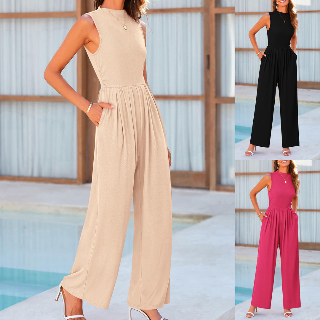 Damen Ärmelloser Palazzohose-Jumpsuit mit taillierter Rippenoberseite und weiten Plissé-Bein Drune