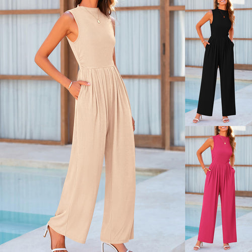 Damen Ärmelloser Palazzohose-Jumpsuit mit taillierter Rippenoberseite und weiten Plissé-Bein Drune