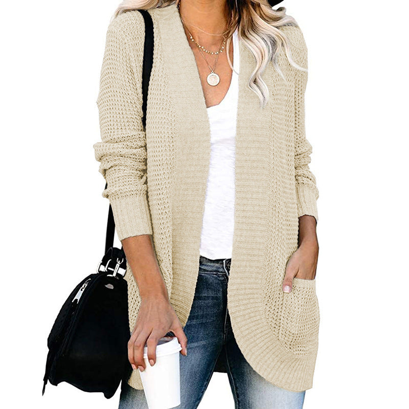 Damen Langer Offener Strickcardigan mit Taschen, Rippbündchen und strukturierter Waffeloptik Drune