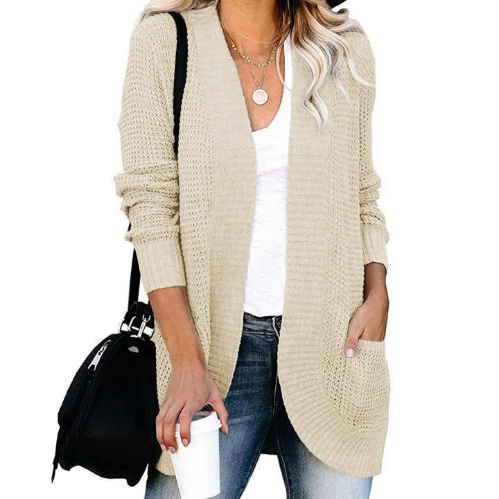 Damen Langer Offener Strickcardigan mit Taschen, Rippbündchen und strukturierter Waffeloptik Drune