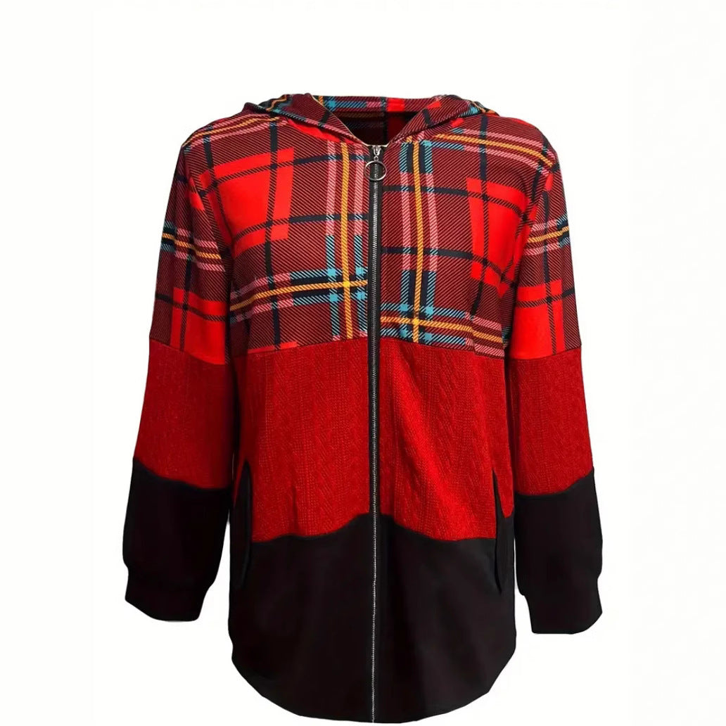 Damen nan lange Kapuzenjacke im Patchwork-Stil mit Karo‑ und Strickeinsätzen, Frontreißverschluss und Eingrifftaschen Drune