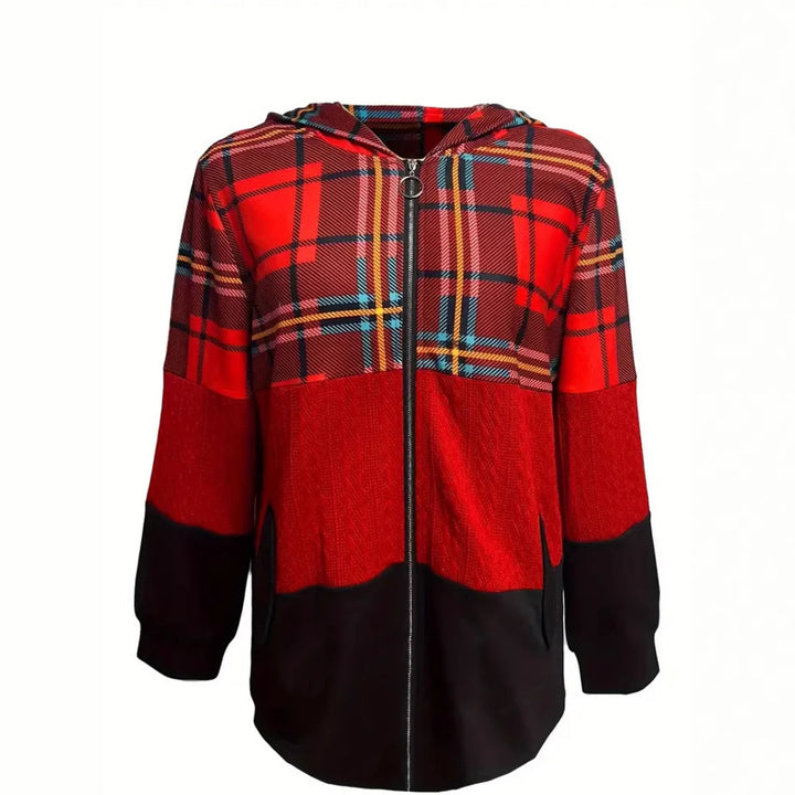 Damen nan lange Kapuzenjacke im Patchwork-Stil mit Karo‑ und Strickeinsätzen, Frontreißverschluss und Eingrifftaschen Drune