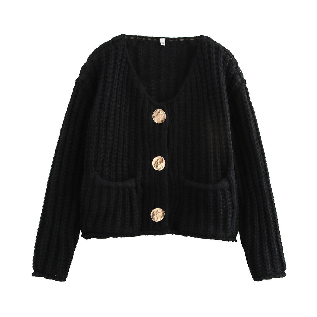 Damen Grobstrick-Cardigan mit V‑Ausschnitt, goldener Knopfleiste und aufgesetzten Taschen Drune