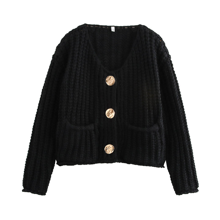 Damen Grobstrick-Cardigan mit V‑Ausschnitt, goldener Knopfleiste und aufgesetzten Taschen Drune