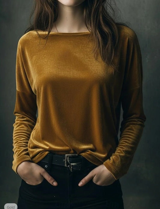 Damen Feines Velours-Langarmshirt mit U-Boot-Ausschnitt und kastiger Silhouette Drune
