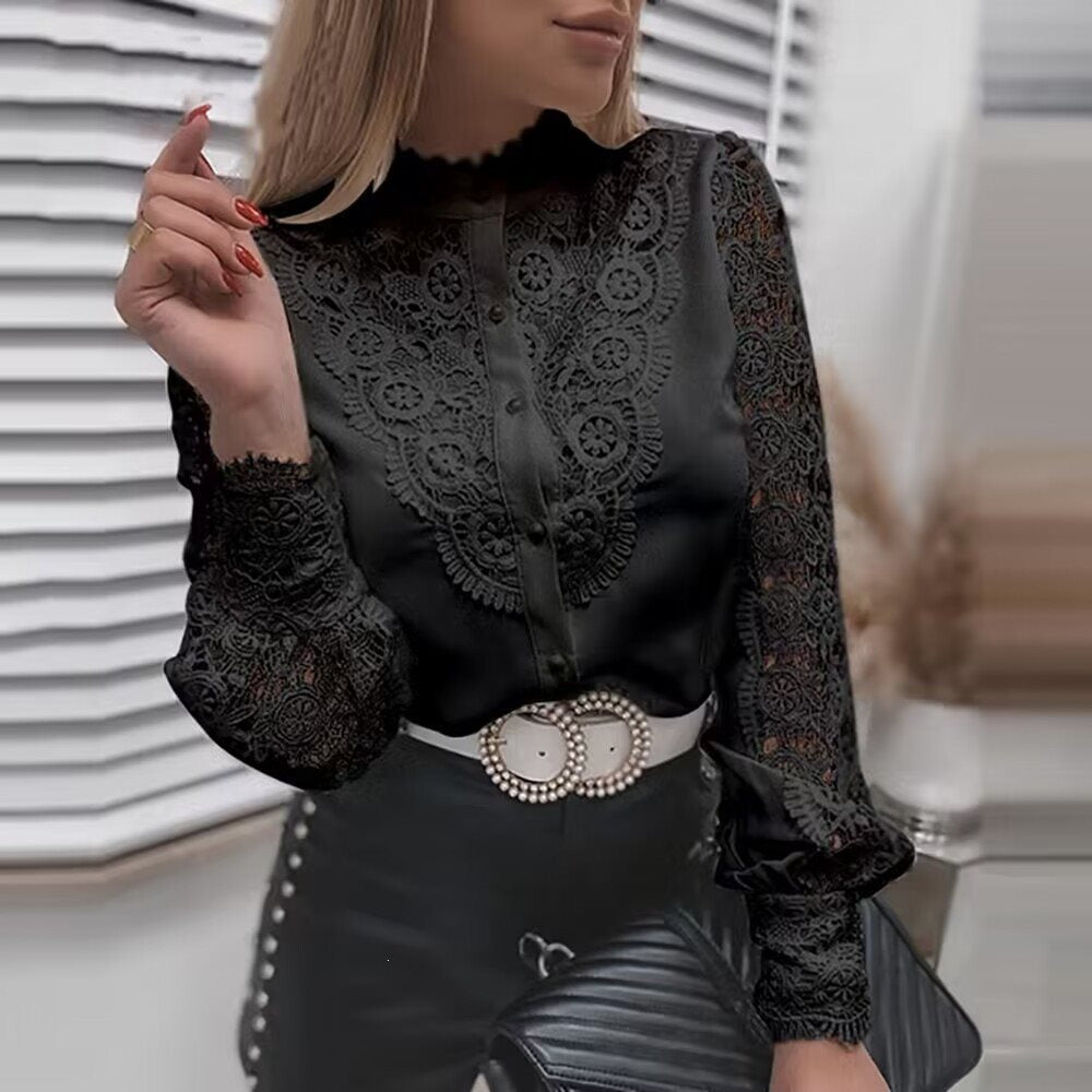 Damen Elegante Hemdbluse mit Spitzeneinsätzen, klassischem Kragen und Manschetten Drune