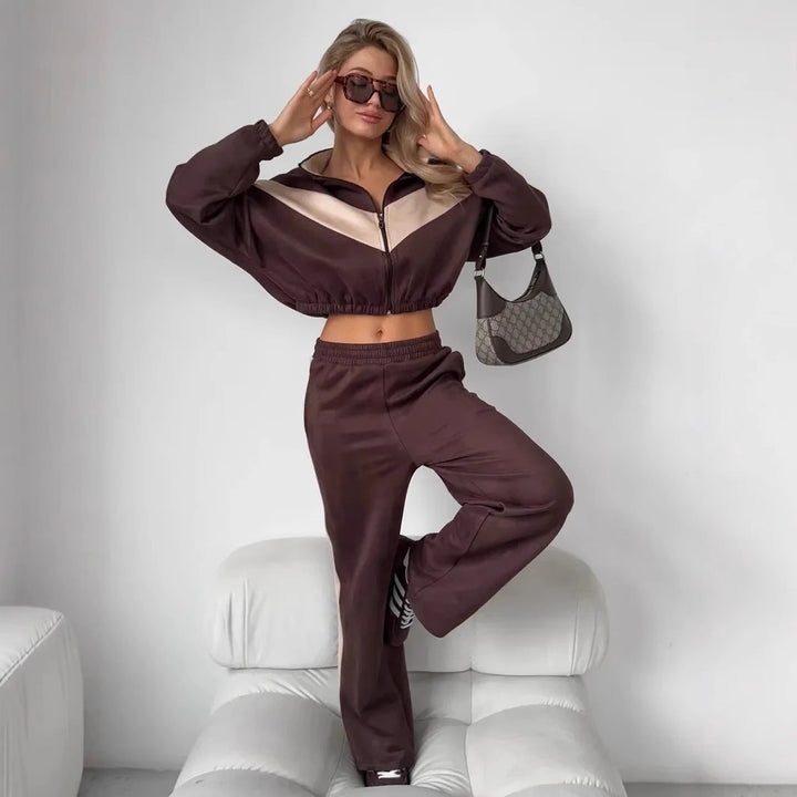 Damen cropped Zipjacke und weite Trackpants mit kontrastierendem Seitenstreifen Drune