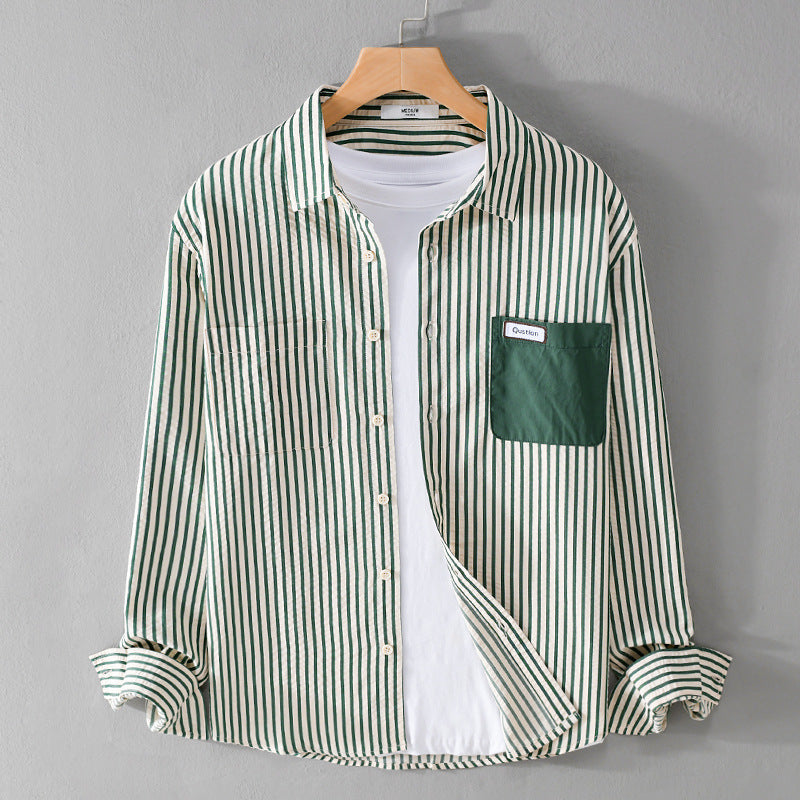 Herren Gestreiftes Langarm-Overshirt aus Baumwollmix mit kontrastierter Brusttasche Drune