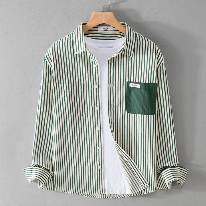 Herren Gestreiftes Langarm-Overshirt aus Baumwollmix mit kontrastierter Brusttasche Drune