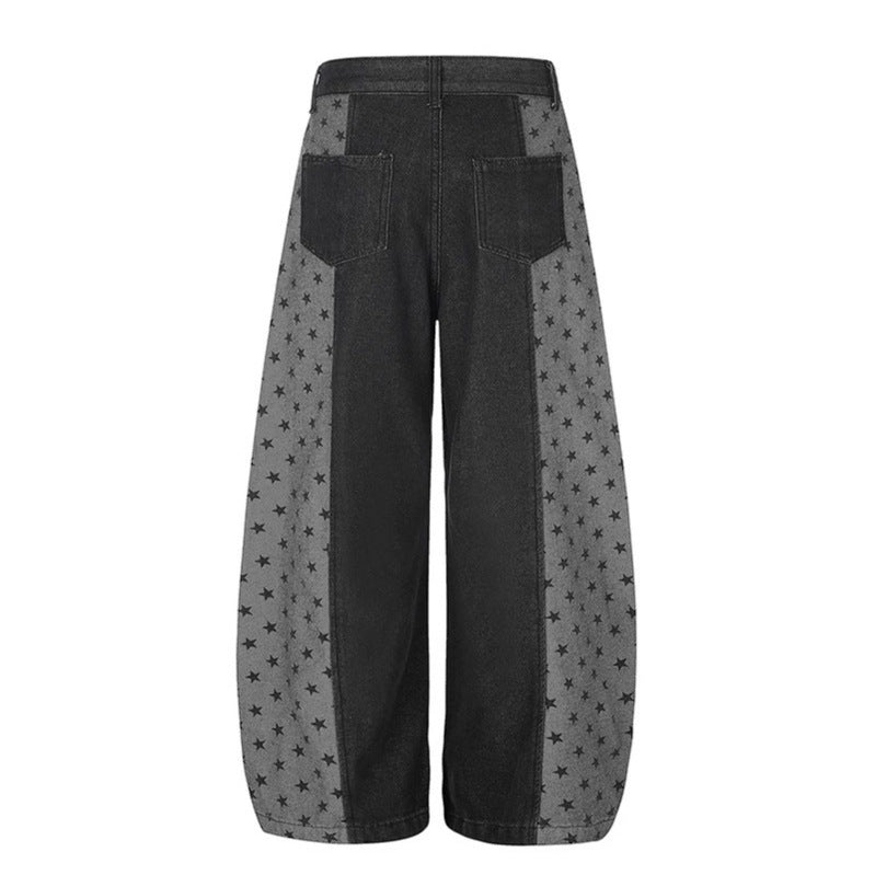 Damen Weite Denim-Palazzohose mit Kontrastseiten, Stern-Print und aufgesetzten Taschen Drune