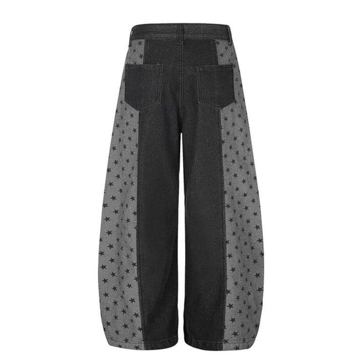 Damen Weite Denim-Palazzohose mit Kontrastseiten, Stern-Print und aufgesetzten Taschen Drune