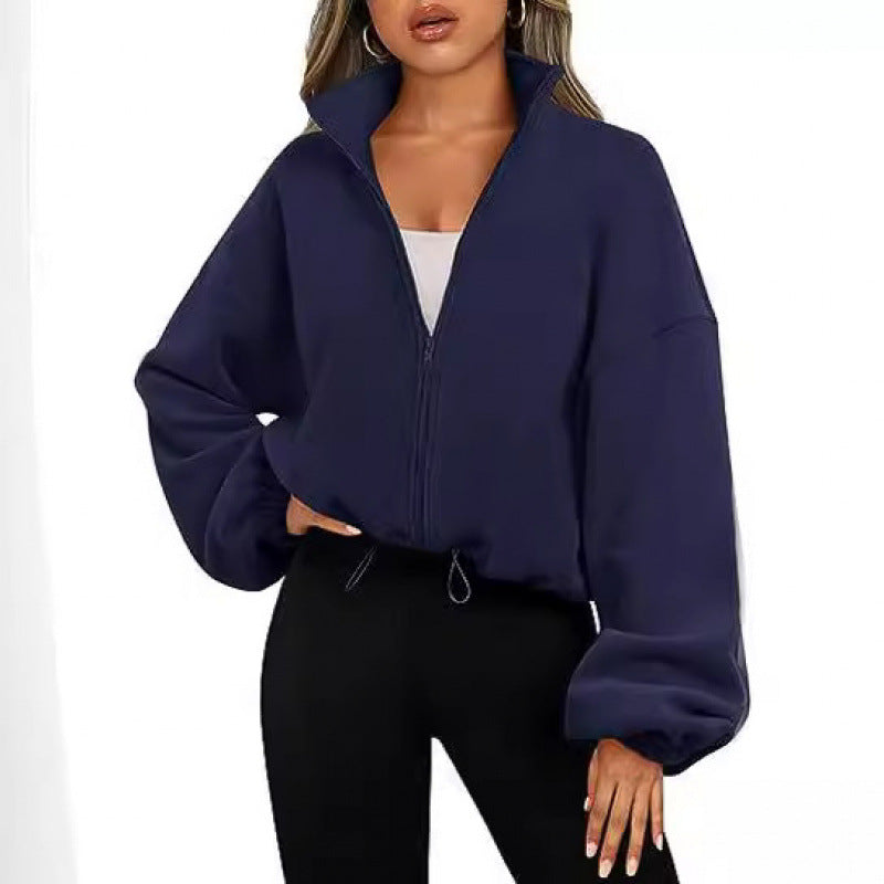 Damen trendy Oversize-Zip-Pullover mit hohem Kragen und Kordelzug Drune