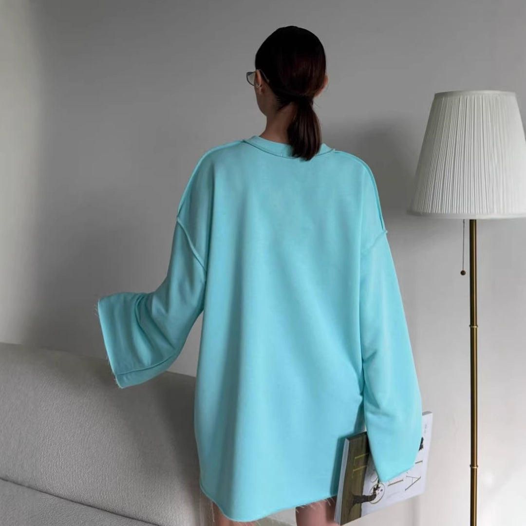 Damen oversized Sweatshirt-Kleid mit ausgefranstem Saum und weiten Glockenärmeln Drune
