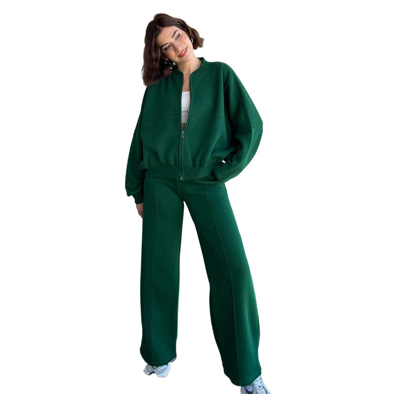 Damen Oversized Zip-Hoodie-Set mit Cropped Top und weiter Naht-Sweathose Drune