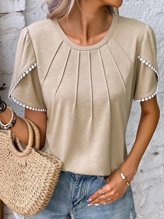 Damen nan Rundhals-Shirt mit dekorativer Kellerfalten-Front, Flatterärmeln und Pompon-Borte Drune
