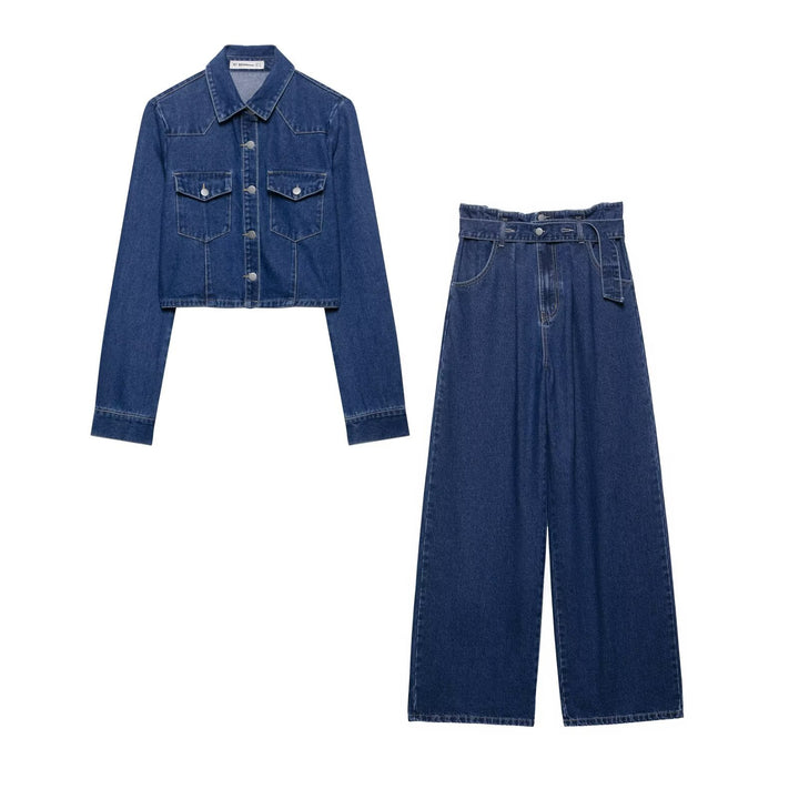 Damen Kurz geschnittene Denim‑Jacke mit Brusttaschen und Druckknopfleiste Drune