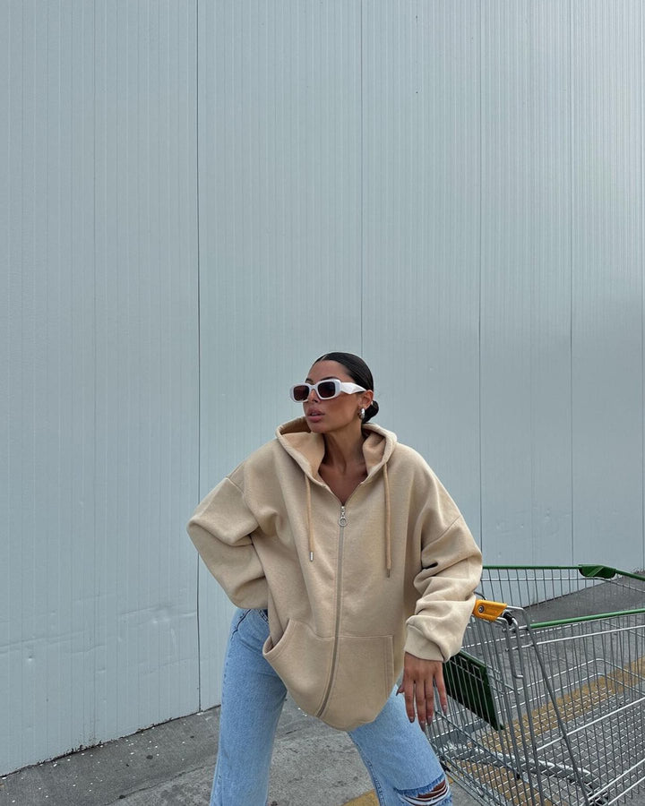 Damen Oversized Fleece-Hoodie mit Reißverschluss und Kängurutasche Drune
