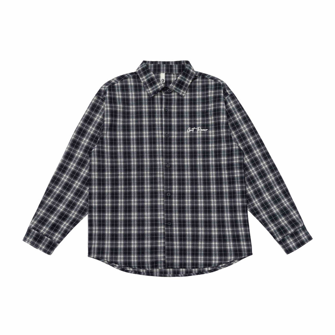 Unisex Kastenförmige Flanell-Hemdjacke mit gerundetem Saum und gesticktem Brustlogo Drune