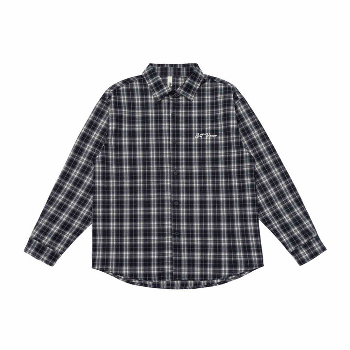 Unisex Kastenförmige Flanell-Hemdjacke mit gerundetem Saum und gesticktem Brustlogo Drune