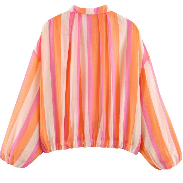 Damen Gestreifte Cropped Blousonjacke mit Stehkragen, Reißverschluss und Ballonärmeln Drune