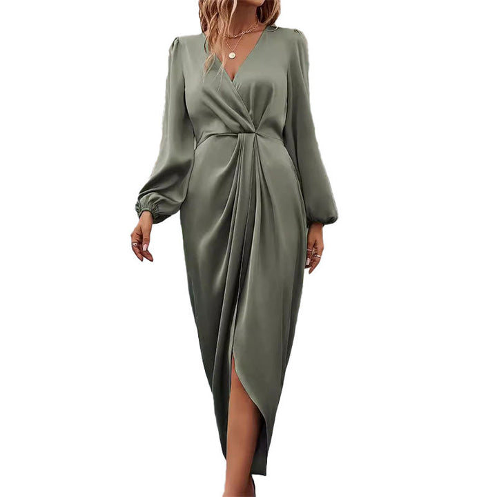 Damen Elegantes Maxikleid mit tiefem V-Ausschnitt und Ballonärmeln Drune