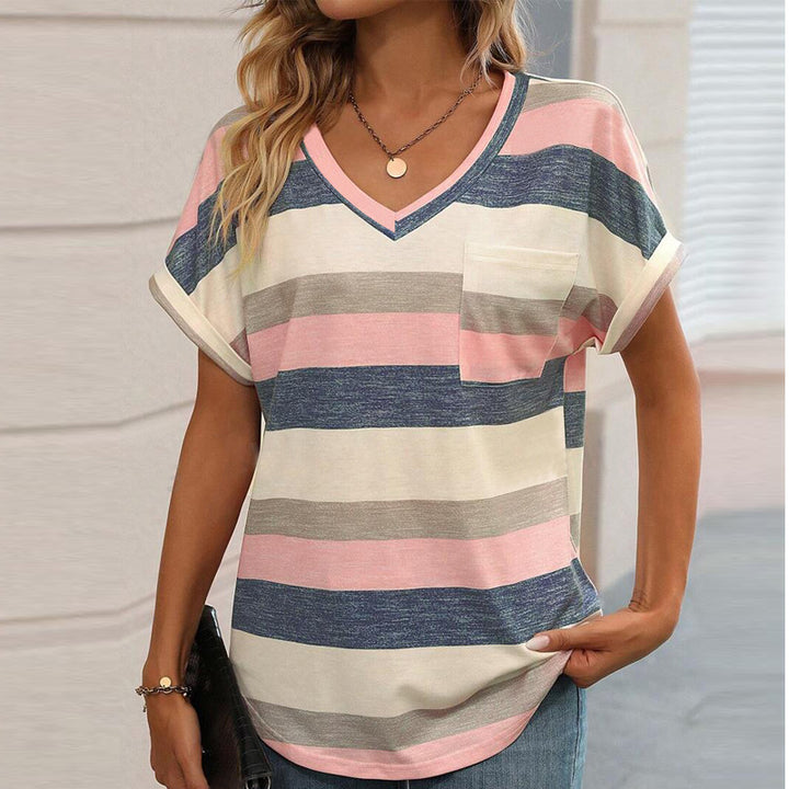Damen V-Ausschnitt Kurzarmshirt mit Streifenmuster Drune