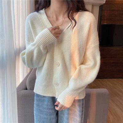 Damen lässige Strickjacke mit V-Ausschnitt und großen Knöpfen Drune