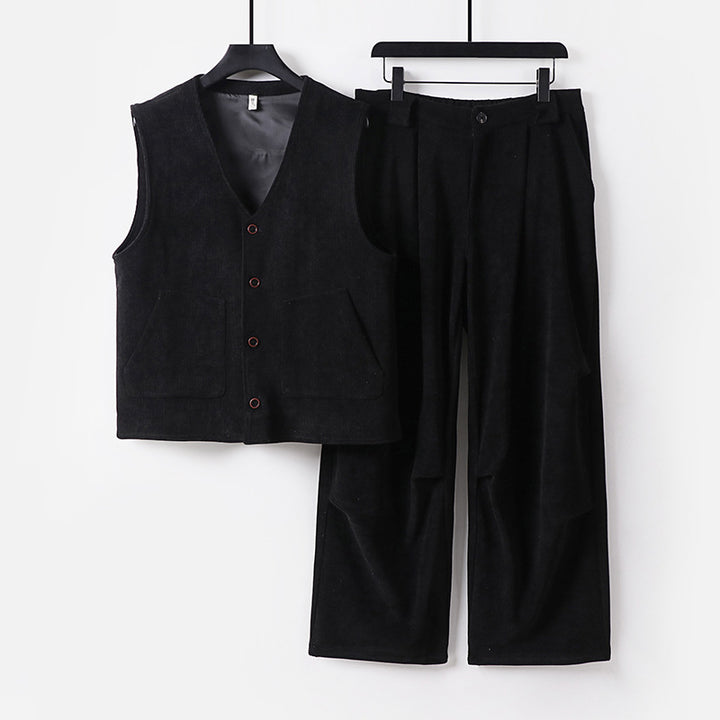 Herren Cord-Loungewear-Set mit V-Ausschnitt Weste und weiten Bundfaltenhose Drune