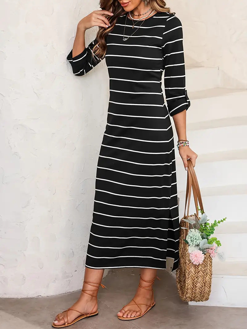 Damen Casual Streifenmaxikleid Drune