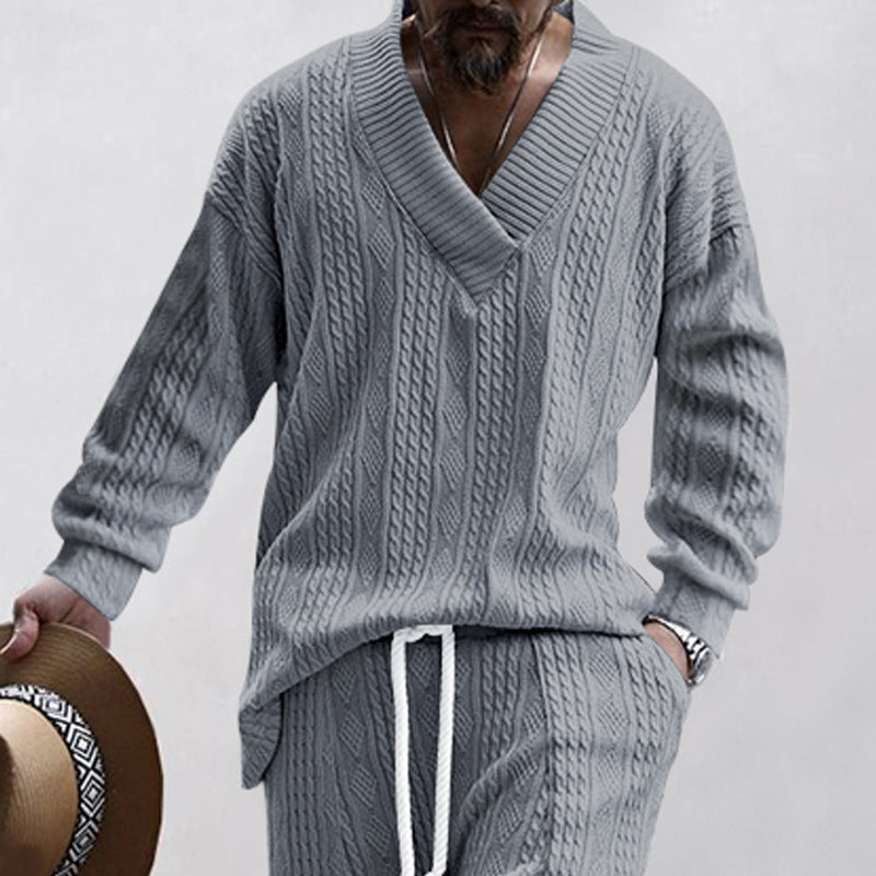 Herren Zopfstrick-Loungewear-Set mit tiefem V-Ausschnitt, Relaxed-Fit & Kordelhose Drune