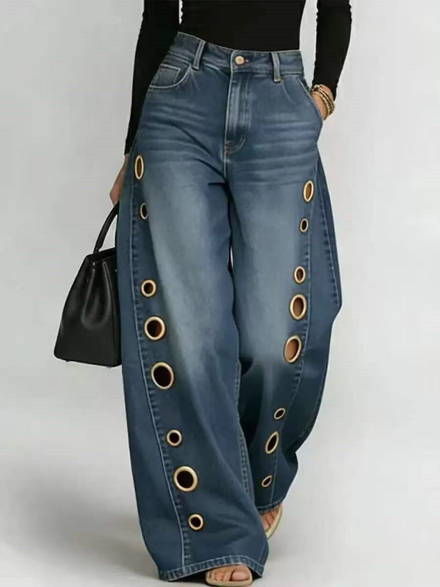Damen Weit geschnittene Jeans mit dekorativen Ösen und hohem Bund Drune