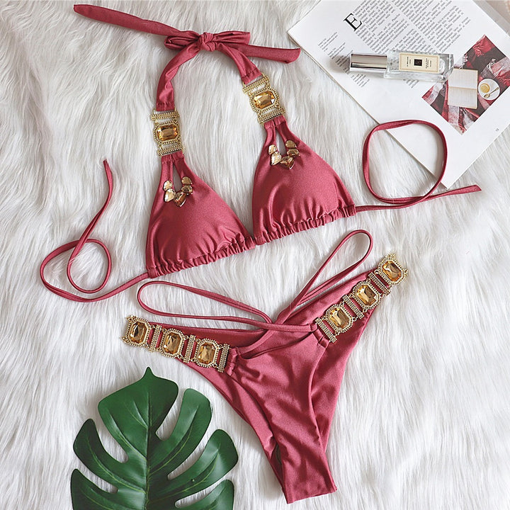 Damen Glamourös Bejeweled Bikini Set Drune