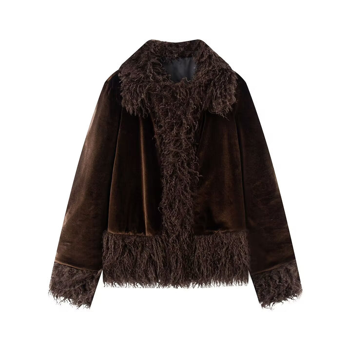 Damen Kurzjacke mit Faux‑Fellbesatz, Samtoptik und Fransenabschluss Drune
