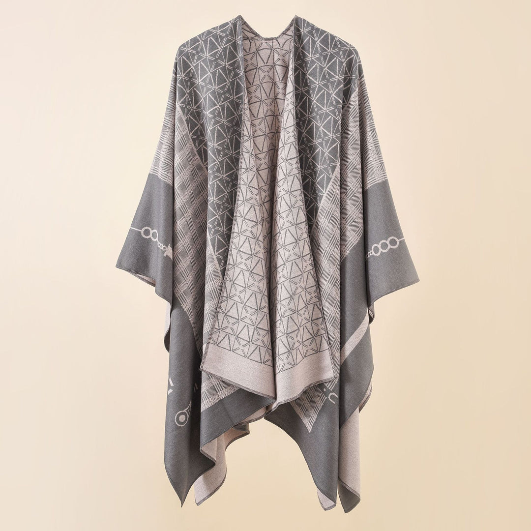 Damen Geometrisches Jacquard-Ruana-Cape aus Wollmix mit offener Kimono-Silhouette Drune