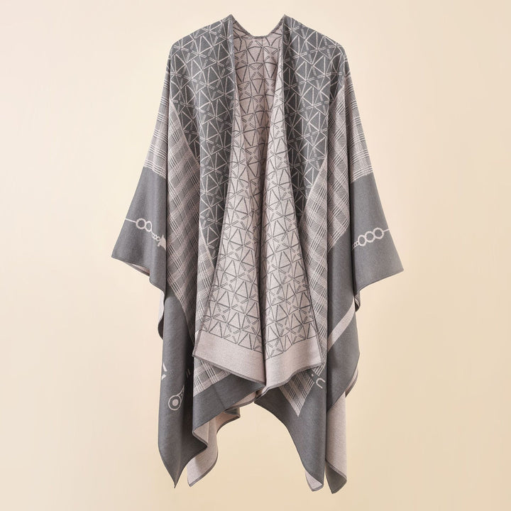 Damen Geometrisches Jacquard-Ruana-Cape aus Wollmix mit offener Kimono-Silhouette Drune