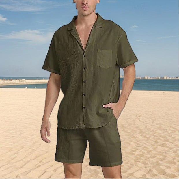 Herren lockeres Kurzarmhemd mit strukturiertem Design und passenden Shorts Drune