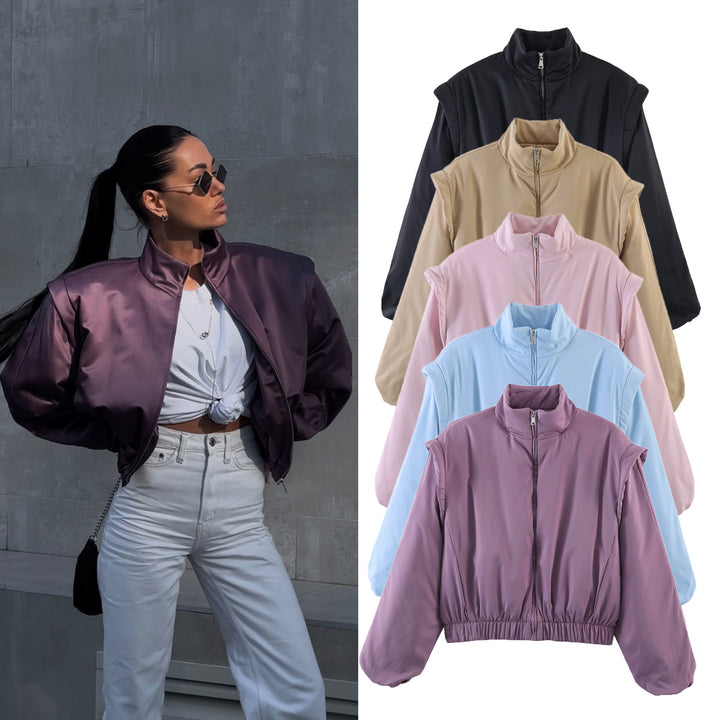 Damen Gefütterte Cropped-Stehkragenjacke mit elastischem Saum und Ballonärmeln Drune