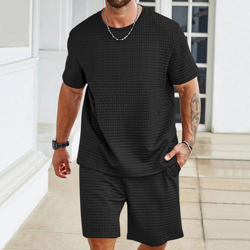 Herren nan leichter Freizeit-Zweiteiler in Waffelstruktur mit Rundhals-T-Shirt und komfortablen Shorts Drune