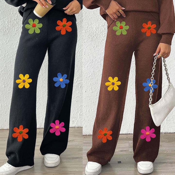 Damen lässige Strickhose mit bunten Blumenapplikationen Drune