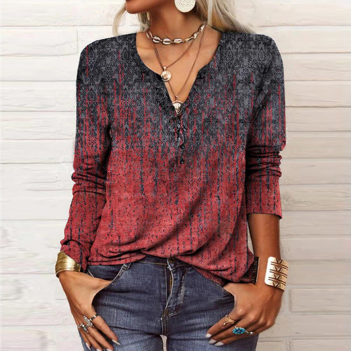 Damen Lockeres Langarm‑Henleyshirt mit V‑Ausschnitt, Knopfleiste und Ombre‑Print Drune