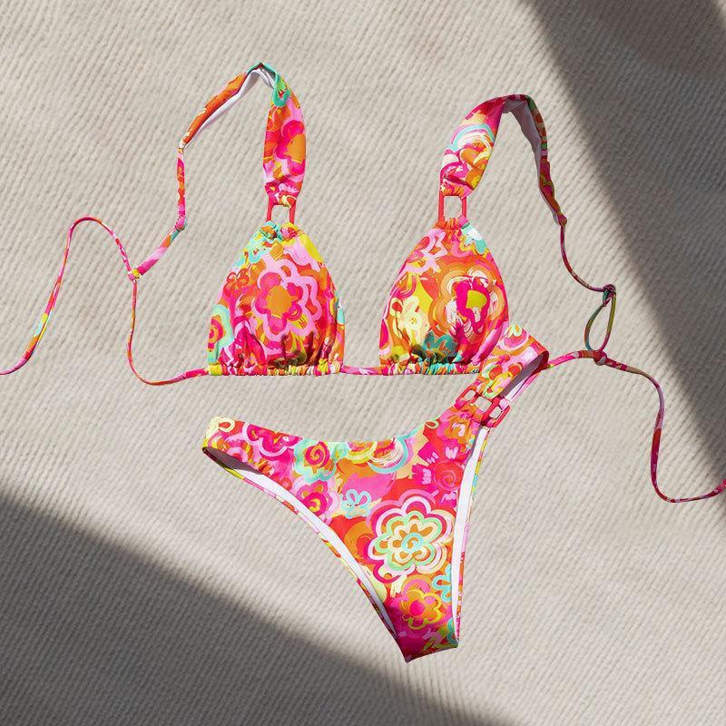 Damen Triangel-Bikini mit verspieltem Blumenmuster und verstellbaren Trägern Drune