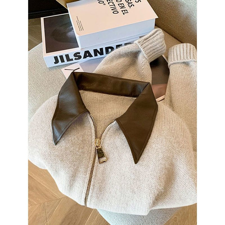 Damen Strickjacke mit Lederkragen Drune