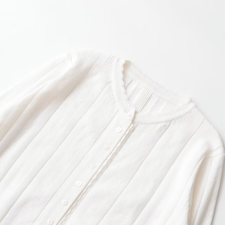 Damen Leichte Feinstrick-Cardigan mit Knopfleiste, Spitzenkante und Rippstruktur Drune